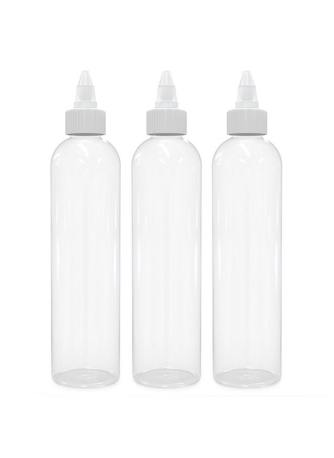 Twist Top Applicator Bottles, 8 Oz Crystal Clear, Squeeze Empty Plastic Bottles, Bpa-Free, Pet, Refillable, Open/Close Nozzle - Multi Purpose (Pack Of 3)