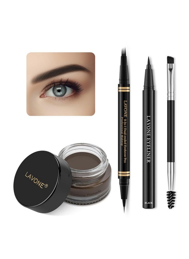 Eyebrow Pen Makeup Kit, With 4 Tip Waterproof Microblading Eyebrow Pencil, Eyeliner, Eyebrow Pomade And Dual-Ended Eyebrow Brush, Brow Pencil Eyebrow Kit For Natural Looking - Medium Brown