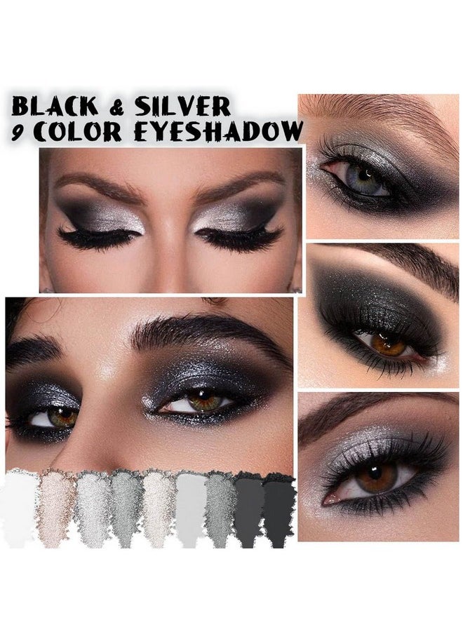 9 Colors Black Smokey Grey Gray Silver Glitter Shimmer Eye Shadow Makeup Palette Pigmented Black Matte Metallic Eyeshadow Makeup Palette Sombra Negra Para Ojos Para Ojos Brillantes