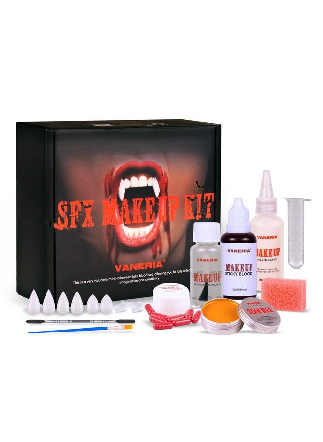 Halloween Vampire Makeup Kit,Sfx Makeup,Liquid Latex+Scar Wax+Fake Blood Capsules+Vampire Fangs+Scar Oil+Painting Brushe+Spatula+Stipple Sponge,Special Effects Makeup Kit Professional