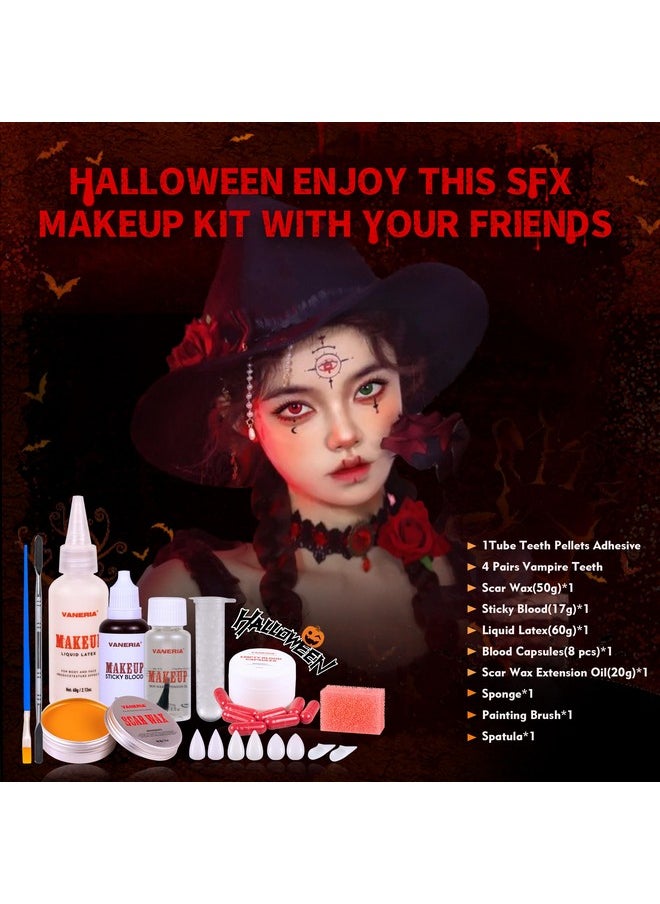 Halloween Vampire Makeup Kit,Sfx Makeup,Liquid Latex+Scar Wax+Fake Blood Capsules+Vampire Fangs+Scar Oil+Painting Brushe+Spatula+Stipple Sponge,Special Effects Makeup Kit Professional