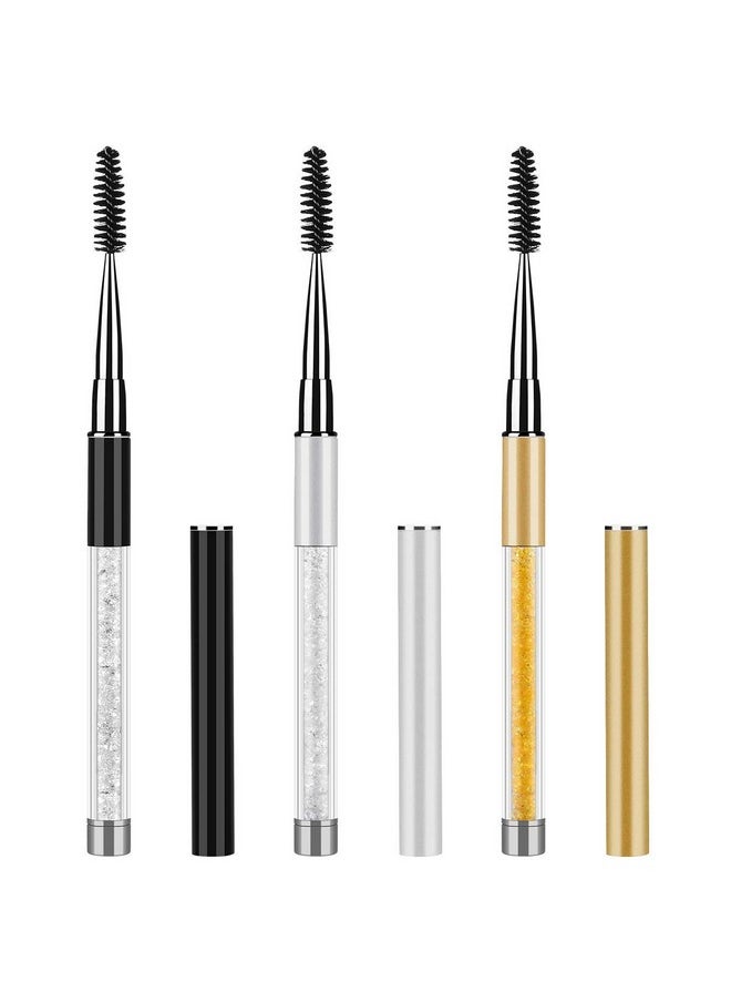 Eye Brush Mascara Wands Eyelash Spoolie Brushes Eye Brow Brush Applicator With Cap For Travel, Crystal White Black Gold 3 Pcs