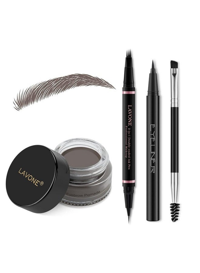 Eyebrow Pencil Makeup Kit, With Waterproof 2-In-1 Microblading Eyebrow Pen, Eyebrow Pomade, Eyeliner And Dual-Ended Eyebrow Brush, Brow Pencil Kit For Natural Eyebrows - Ebony