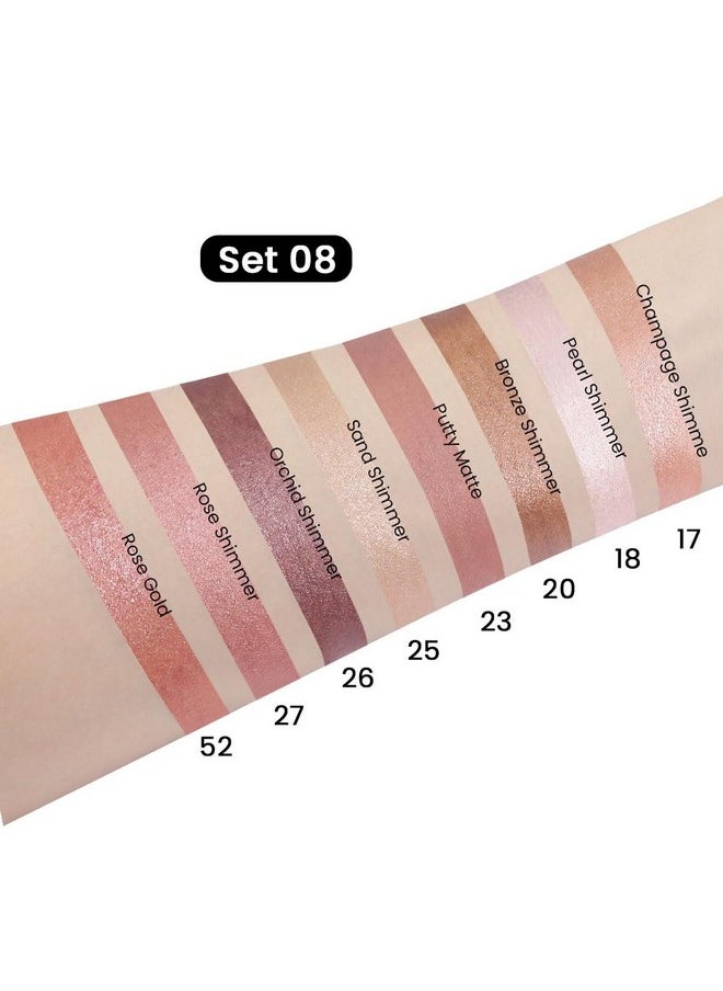 8Pcs Cream Eye Shadow Brightener Sticks Set For Eyes, Champagne Pearl Bronze Putty Sand Orchid Rose Gold Shimmer Matte Pencil Eye Shadow Crayon Applicator Stick Palette Makeup Waterproof Set08