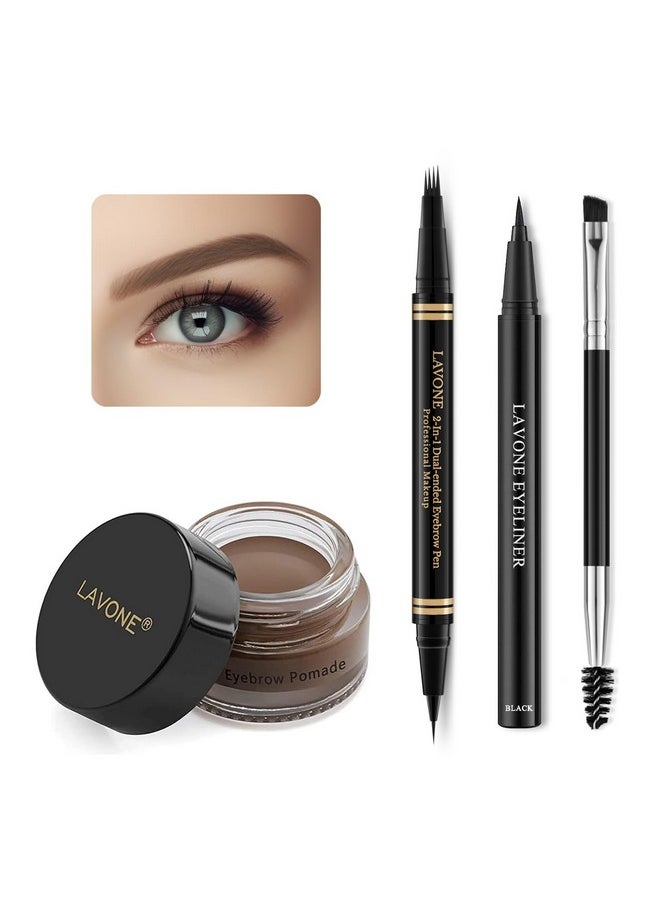 Eyebrow Pen Makeup Kit, With 4 Tip Waterproof Microblading Eyebrow Pencil, Eyeliner, Eyebrow Pomade And Dual-Ended Eyebrow Brush, Brow Pencil Eyebrow Kit For Natural Looking - Dark Brown