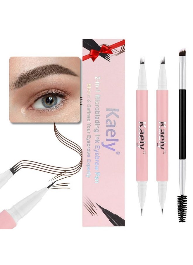 2Pcs Dark Brown Magic Microblading Dual-Ended Eyebrow Contouring Pen Brow Pencil, With 4 Brush Micro-Fork-Tips Applicator And Precise Brush-Tip, Hair Like Strokes, With Dual-Ended Eyebrow Brush