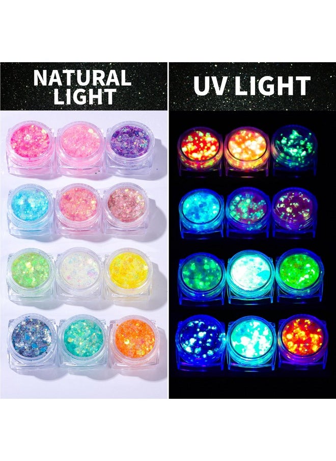 12 Colors Glow In The Dark Glitter Gel, Body Glitter Gel Face Glitter Gel Hair Glitter Gel, Uv Black Light Glitter, Chunky Glitter Makeup For Raves Festivals