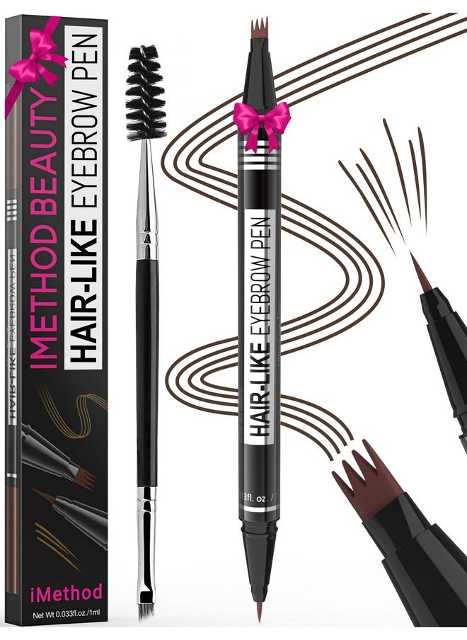 Eyebrow Pen - Eyebrow Pencil Magical 2-In-1 Eye Brow Pencils For Women With 4-Fork-Tip & Precise Brush-Tip Create Natural Hair-Like Brows, Last All-Day, Microblading Eyebrow Pen, Dark Brown