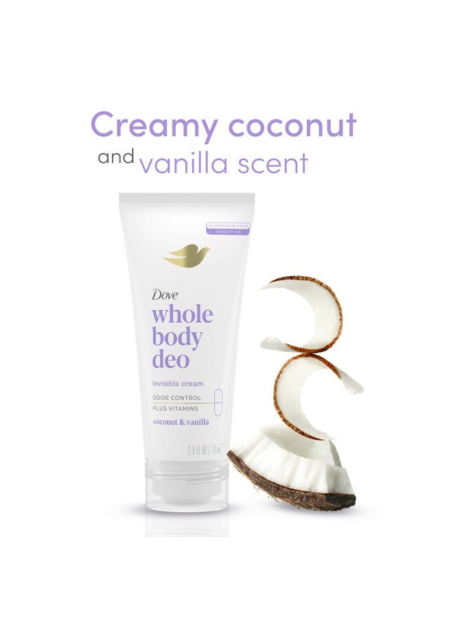 Whole Body Deo Aluminum Free Invisible Cream Deodorant Coconut & Vanilla For 72H Odor Control, 2.5 Oz