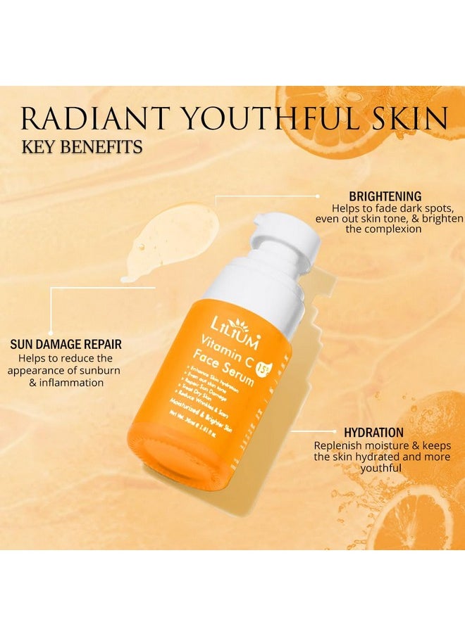 Face Serum 30Ml | Vitamin C 15% | Enhance Hydration | Even Out Skin Tone & Repair Sun Damage | Treat Dry Skin & Dark Spots | Reduce Wrinkles & Scars | Moisturized & Brighter Skin | 100% Vegan