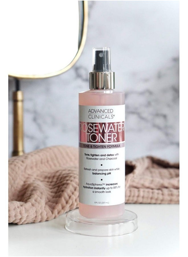 Collagen + Rosewater Facial Mist Toner W/Charcoal & Aloe Vera. Alcohol-Free Ph Balancing Formula Detoxifies & Hydrates Skin Improving Overall Skin Tone, Calming Face Mist, 8 Fl Oz