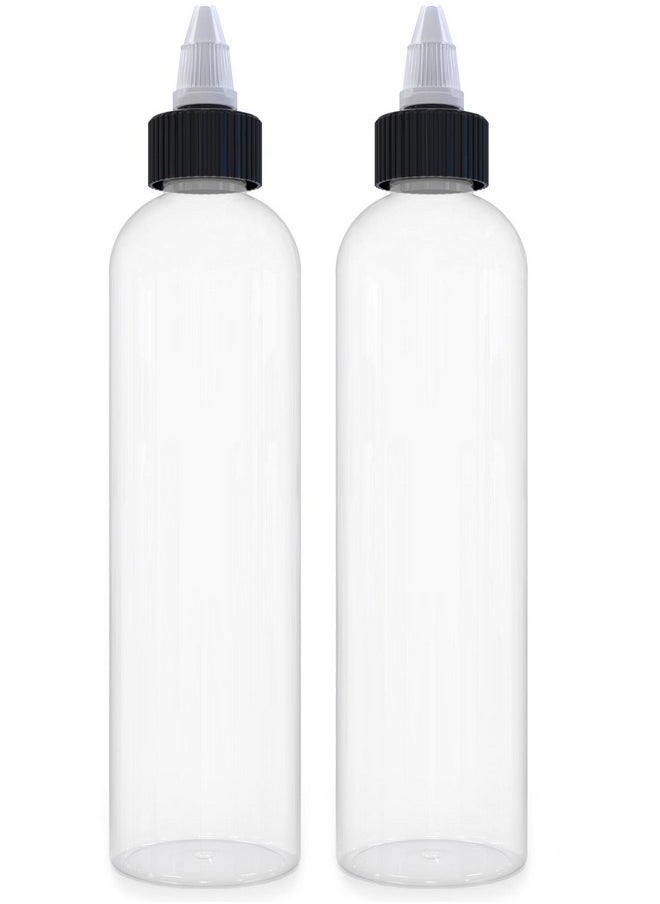 Twist Top (Black) Applicator Bottles, 8 Oz Crystal Clear, Squeeze Empty Plastic Bottles, Bpa-Free, Pet, Refillable, Open/Close Nozzle - Multi Purpose (Pack Of 2)