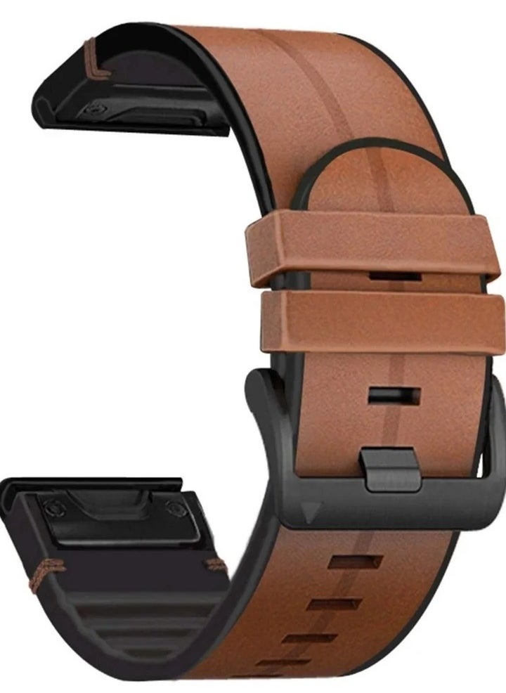 Watch Strap for Garmin Fenix 6X/ 5X/ 6/5, 26mm Soft Genuine Leather Hybrid Silicone Sweat Resistant Wristband, Quick and Easy Fit, (Brown)