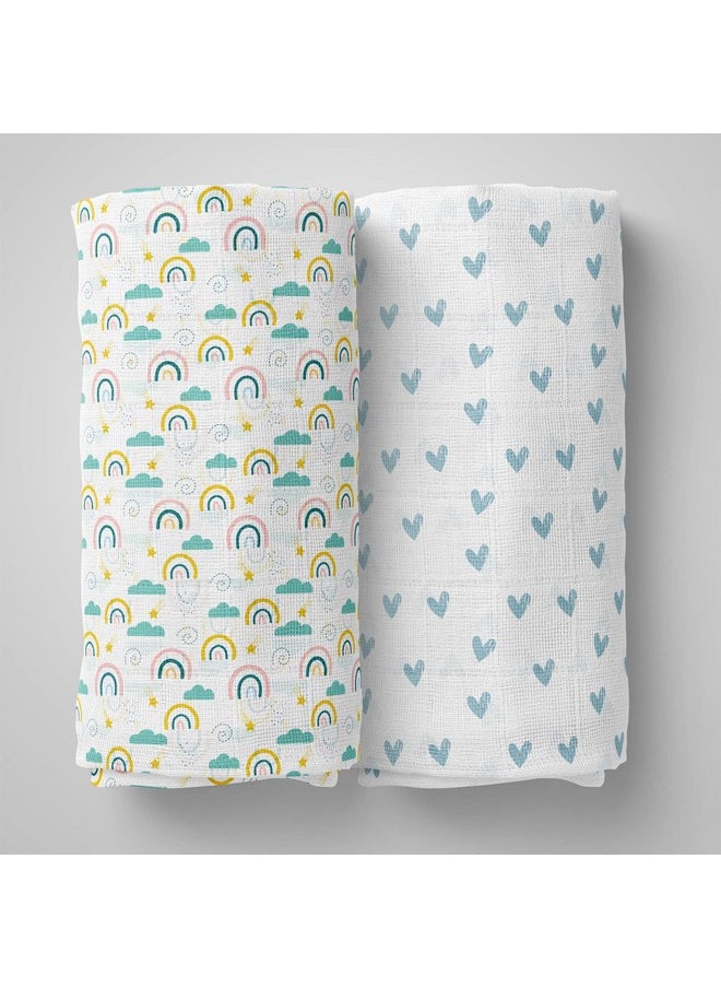 Muslin Swaddle 60Cm*75Cm (Pack Of 2) Rainbow, Hearts