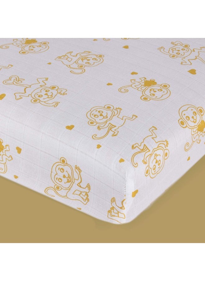 Baby Premium Organic Cotton Muslin Elastic Fitted Cot Bedsheet Crib Sheet With Animal Theme Of Monkey Golden Yellow (Size : 120 X 60 X 20 Cm) 1 Unit