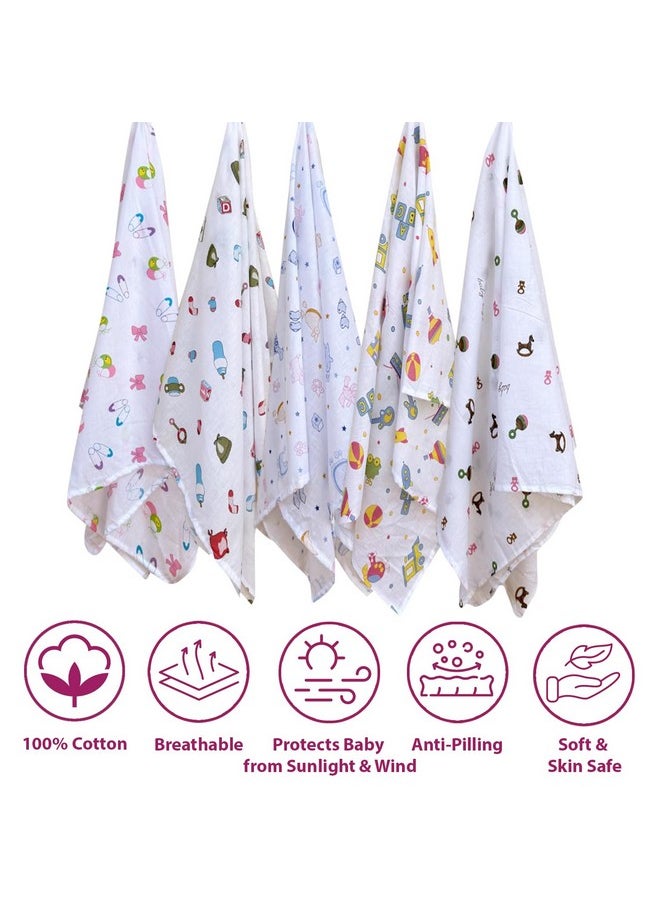 Super Ultra Soft 100% Cotton Baby Wrapper|New Born Swaddling Soft Cotton Sheets|New Born Baby Swaddle Cloth|Baby Wrap Set (100X100 Cm,Nursery Print,Pack Of 5),White - 200 Tc