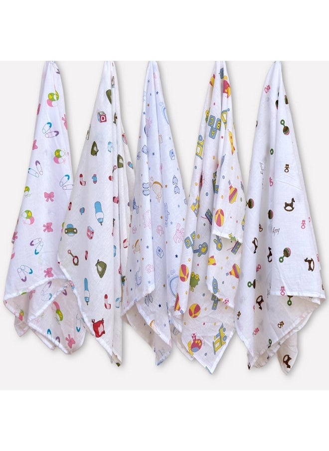 Super Ultra Soft 100% Cotton Baby Wrapper|New Born Swaddling Soft Cotton Sheets|New Born Baby Swaddle Cloth|Baby Wrap Set (100X100 Cm,Nursery Print,Pack Of 5),White - 200 Tc