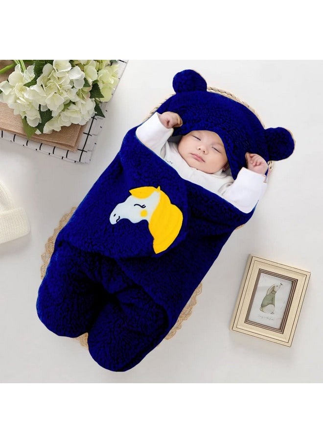 Newborn Baby Sleeping Bag Sherpa & Coral Wearable For 0-6 Months Baby Hooded Swaddle Wrapper Baby Blanket, Navy Blue, 1 Pc