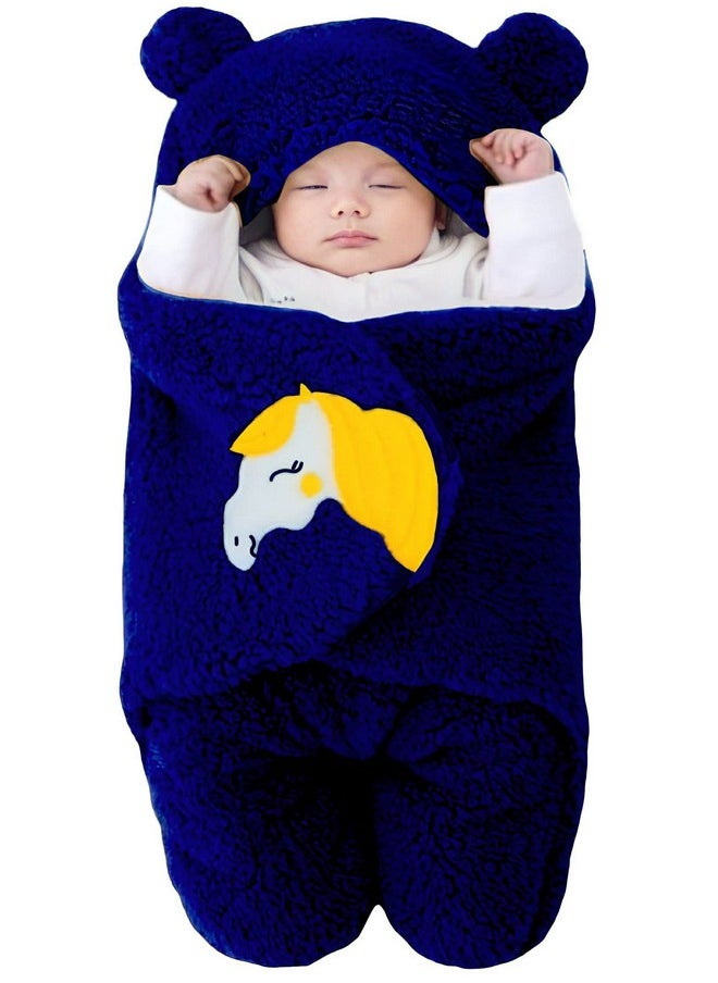 Newborn Baby Sleeping Bag Sherpa & Coral Wearable For 0-6 Months Baby Hooded Swaddle Wrapper Baby Blanket, Navy Blue, 1 Pc