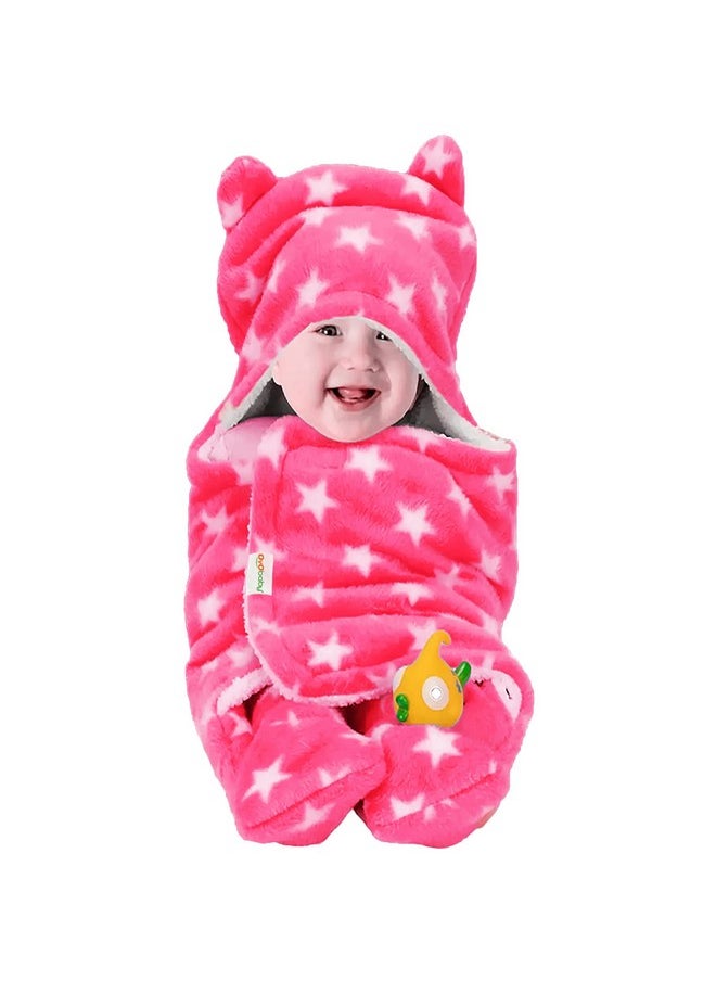 3-In-1 Fleece Hooded Baby Blanket Wrapper -Pack Of 1 (Baby Pink Star Printed) | All Season | 0-6 Months | Sleeping Bag | Great Gift | Bath Towel | Multipurpose Comforter