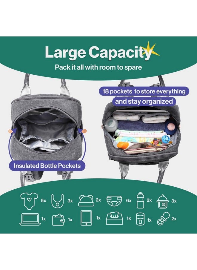 Diaper Bag Backpack - Multi Function Waterproof Diaper Bag, Travel Essentials Baby Tote With Changing Pad, Stroller Straps & Pacifier Case - Unisex, Dark Gray