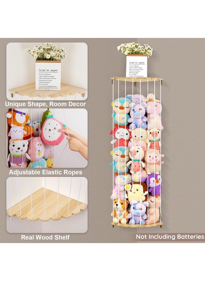 Stuffed Animals Storage With Led Light Corner Toy Storage Organizer Wood Stuffed Animals Hammock Length Adjustable Stuffed Animals Holder For Nursery Kids Playroom Bedroom, White