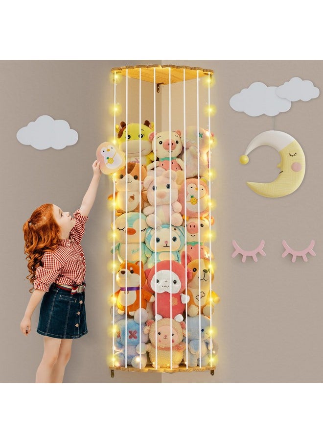 Stuffed Animals Storage With Led Light Corner Toy Storage Organizer Wood Stuffed Animals Hammock Length Adjustable Stuffed Animals Holder For Nursery Kids Playroom Bedroom, White