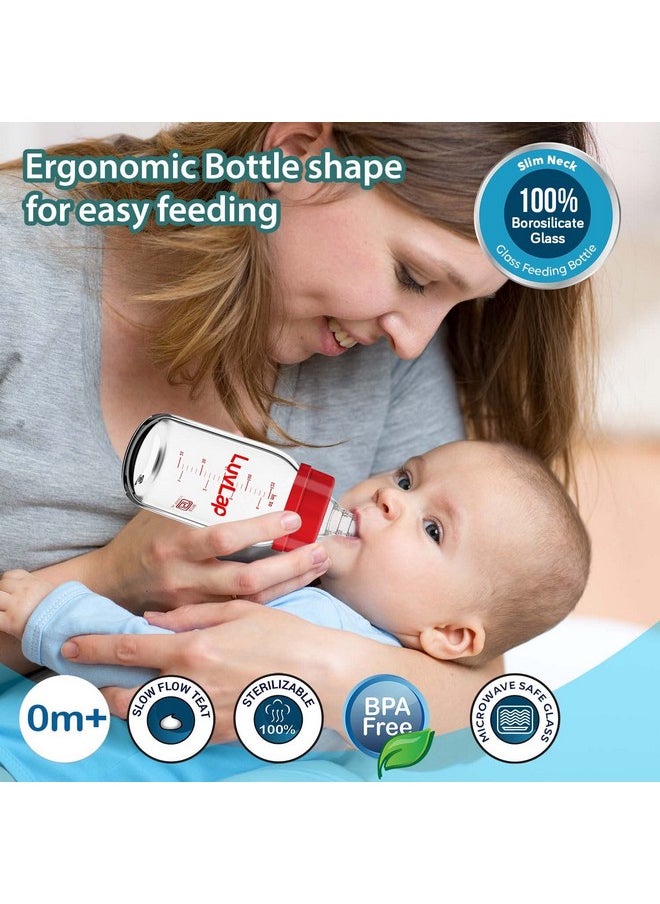 Essential Slim Neck Glass Feeding Bottle, 125Ml, 0M+/Babies Upto 3 Years, Made Of Borosilicate Glass, Bpa Free, Ergonomic Shape Is Easy To Hold, With Anti Colic Nipple, Pack Of 2, White & Red