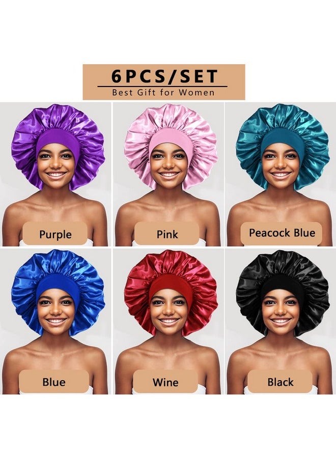 6Pcs Extra Large Satin Bonnets For Sleeping, Hair Bonnets For Black Women Braids Curly Hair, A