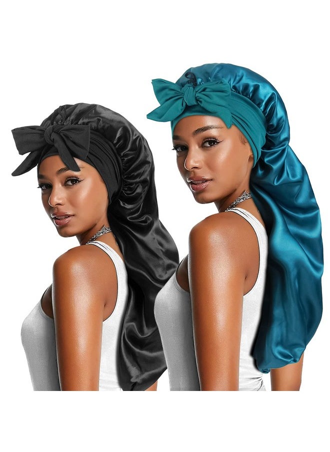 2Pcs Long Satin Bonnets With Tie Band, Large Braid Bonnet Silky Hair Cap For Locs Women Sleeping, D