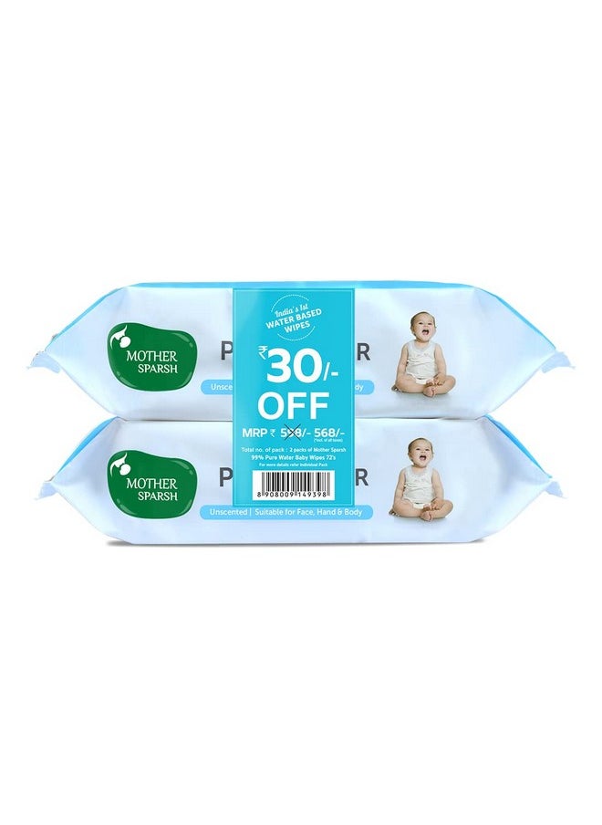 99% Pure Water (Unscented) Baby Wipes I Natural Plant Made Cloth - Super Thick I 72 Pcs/Pack - Pack Of 2 (Super Saver Pack)