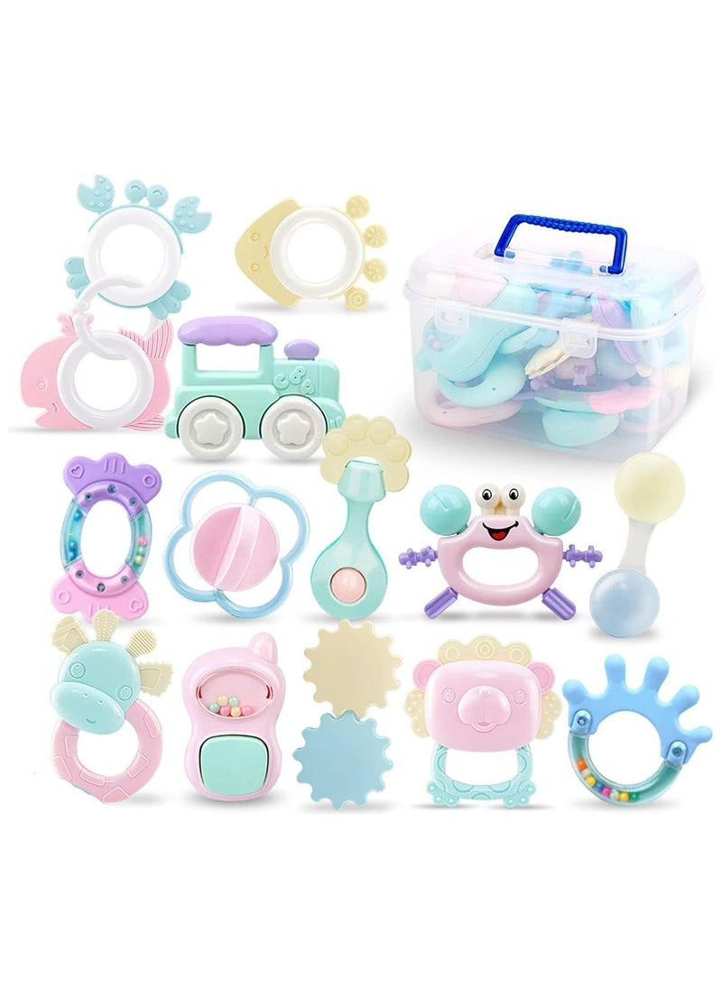 Baby Teether Toy Rattle for Baby Toys 0-12 Months Plus with Storage Box -14 Pcs BPA Free Soft Silicone Teething Toys Newborn Baby Sensory Toys Gifts 3 6 9 12 Months for Early Educational (14Pcs)