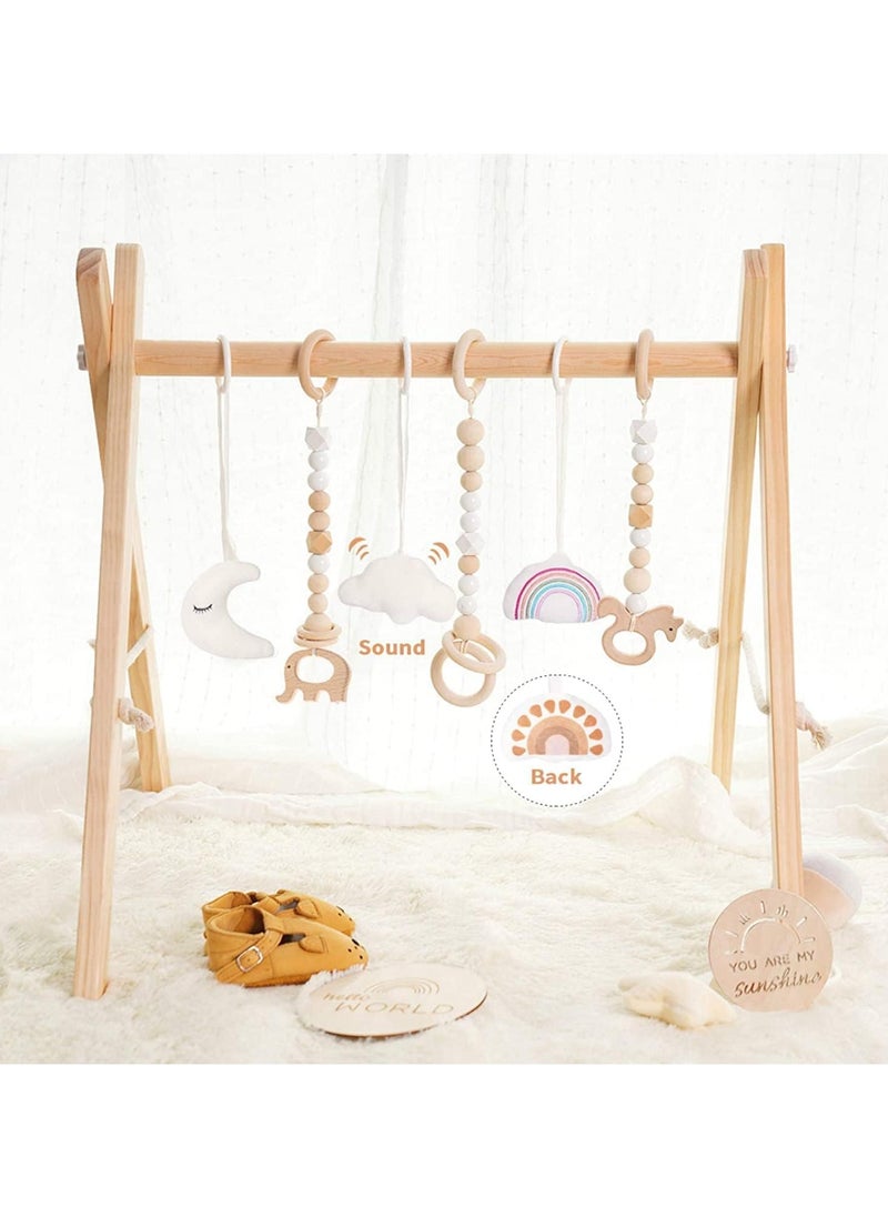 Wooden Baby Gym with 6 Hanging Toys Foldable Baby Play Gym Frame Activity Gym Hanging Bar Newborn Gift Baby Girl and Boy Gym，Baby Toys for Perfect 0-1.5 Years Baby Shower