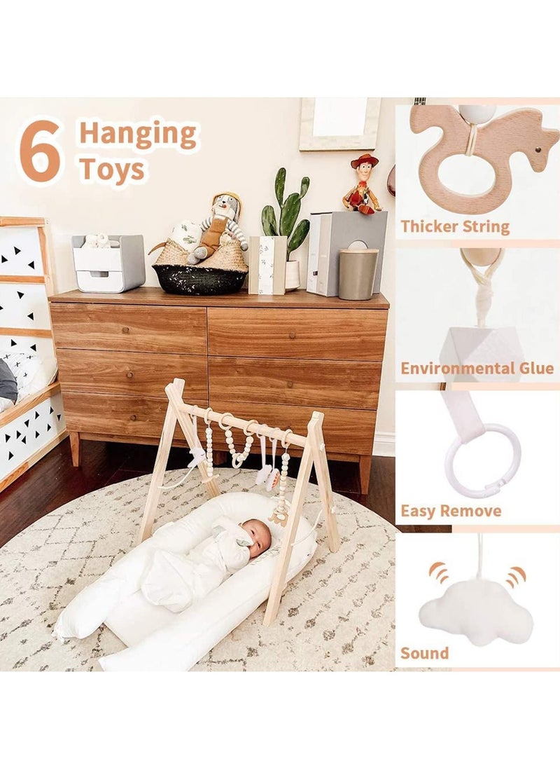 Wooden Baby Gym with 6 Hanging Toys Foldable Baby Play Gym Frame Activity Gym Hanging Bar Newborn Gift Baby Girl and Boy Gym，Baby Toys for Perfect 0-1.5 Years Baby Shower