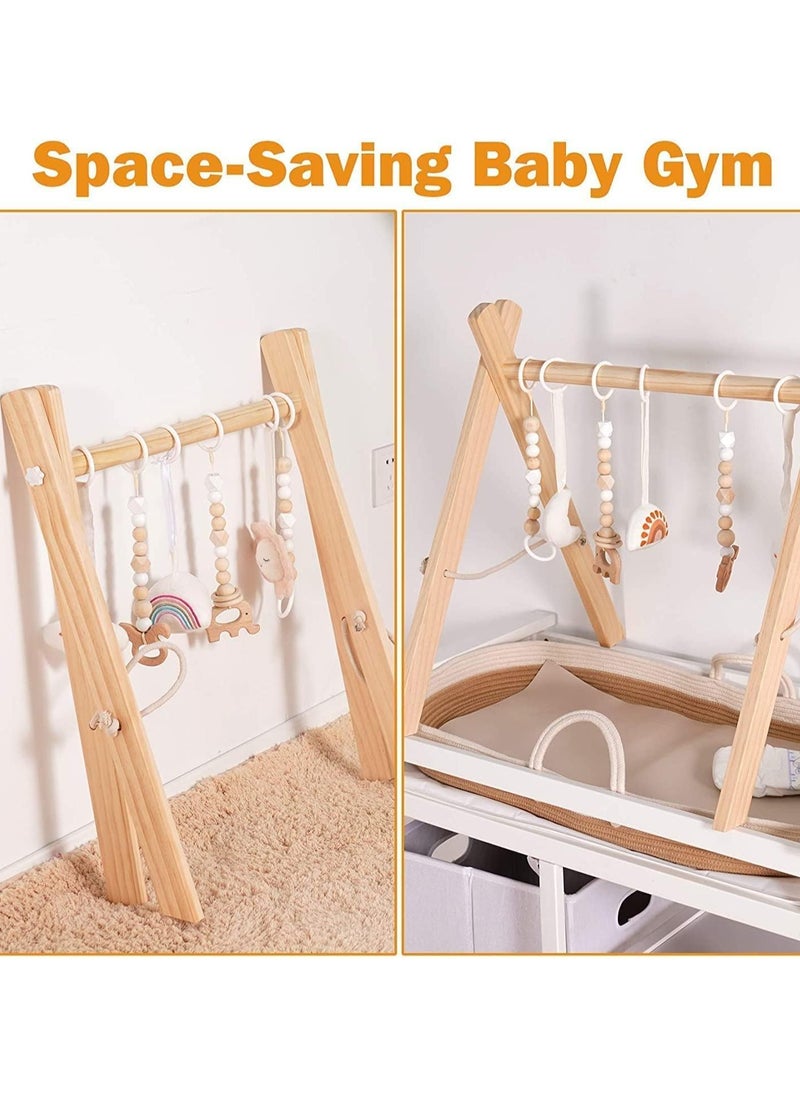 Wooden Baby Gym with 6 Hanging Toys Foldable Baby Play Gym Frame Activity Gym Hanging Bar Newborn Gift Baby Girl and Boy Gym，Baby Toys for Perfect 0-1.5 Years Baby Shower