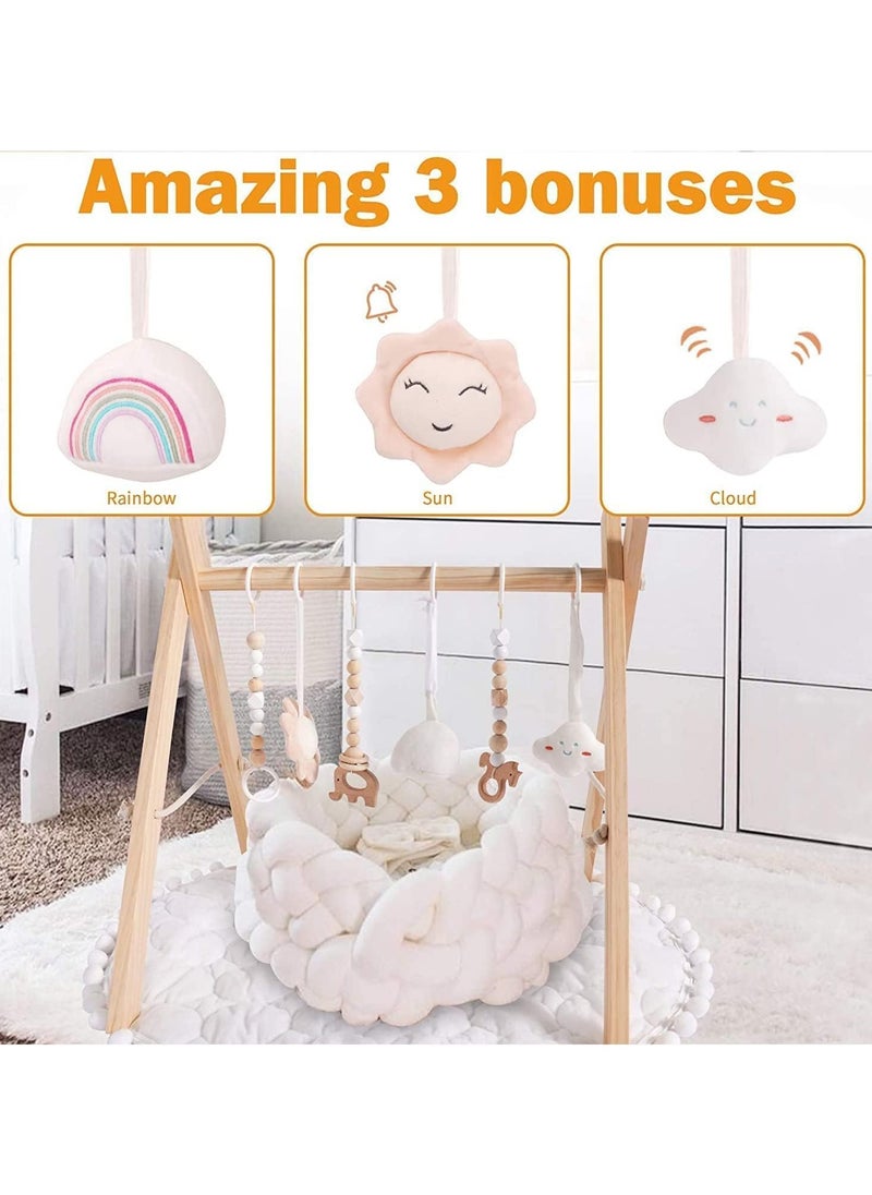 Wooden Baby Gym with 6 Hanging Toys Foldable Baby Play Gym Frame Activity Gym Hanging Bar Newborn Gift Baby Girl and Boy Gym，Baby Toys for Perfect 0-1.5 Years Baby Shower