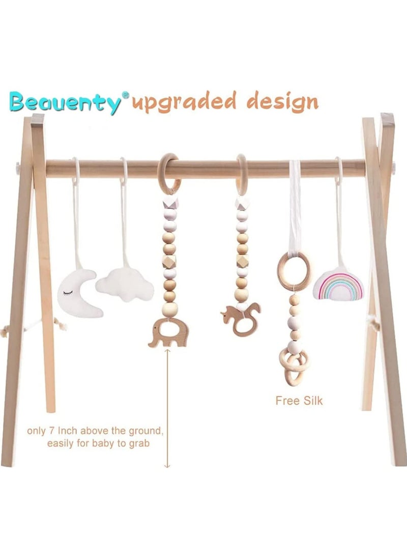 Wooden Baby Gym with 6 Hanging Toys Foldable Baby Play Gym Frame Activity Gym Hanging Bar Newborn Gift Baby Girl and Boy Gym，Baby Toys for Perfect 0-1.5 Years Baby Shower