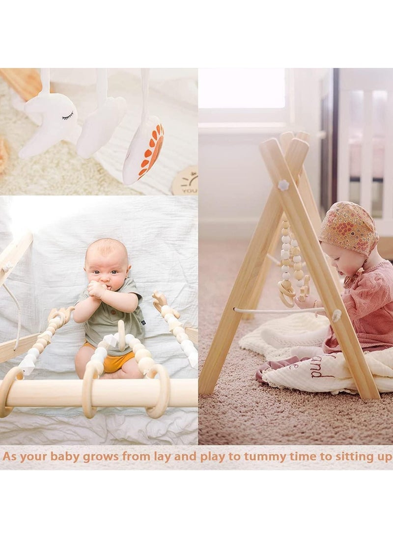 Wooden Baby Gym with 6 Hanging Toys Foldable Baby Play Gym Frame Activity Gym Hanging Bar Newborn Gift Baby Girl and Boy Gym，Baby Toys for Perfect 0-1.5 Years Baby Shower