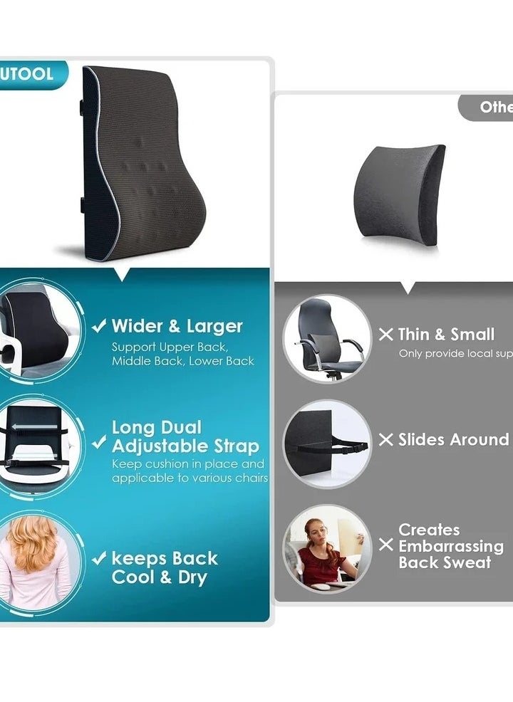 Lumbar Support Pillow for Office Chair Back Support Pillow for Car, Computer, Gaming Chair, Recliner Memory Foam Back Cushion for Back Pain Relief Improve Posture, Mesh Cover Double Adjustable Straps