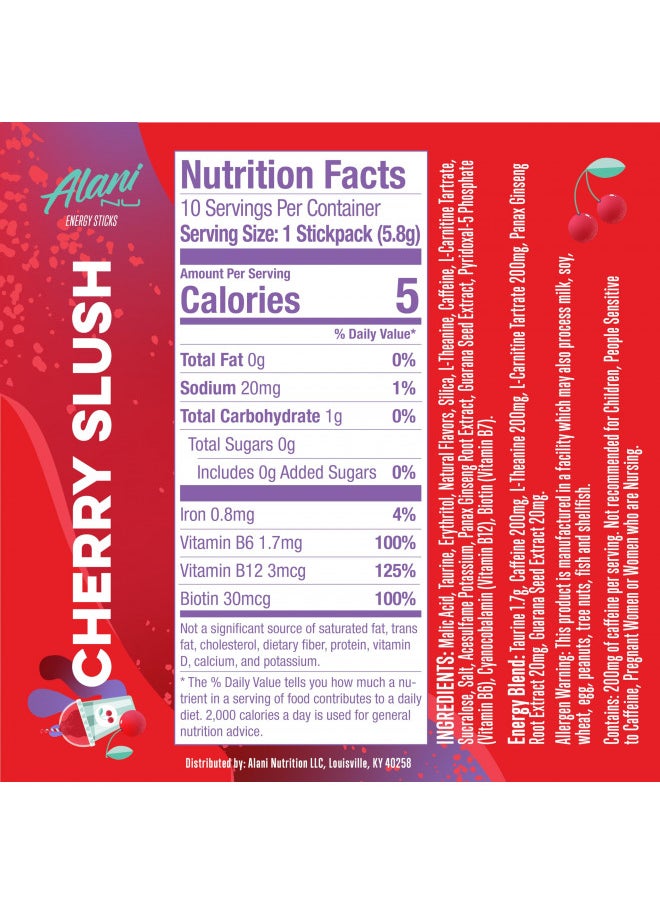 Alani Nu Energy Stick Packets, Activate with Water, 200mg Caffeine, Zero Sugar, 30mcg Biotin, Formulated with Amino Acids Like L-Theanine to Prevent Crashing, Cherry Slush, 10 Sticks Per Pack