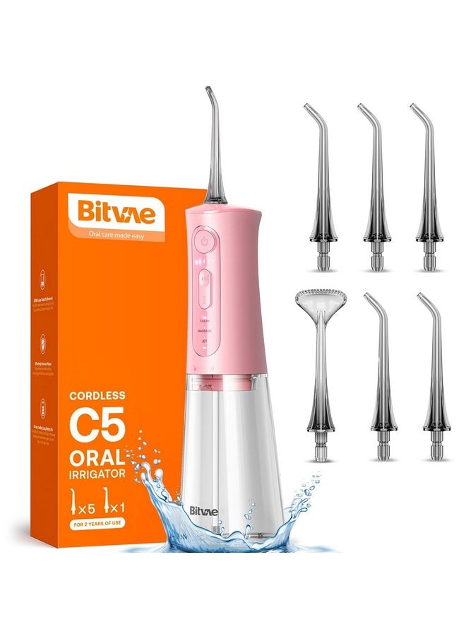 C5 Water Flosser Teeth Picks, Cordless Portable Oral Irrigator, Powerful And Rechargeable Water Flosser For Teeth, Brace Care, Ipx7 Waterproof Water Dental Picks For Cleaning, Quartz Pink