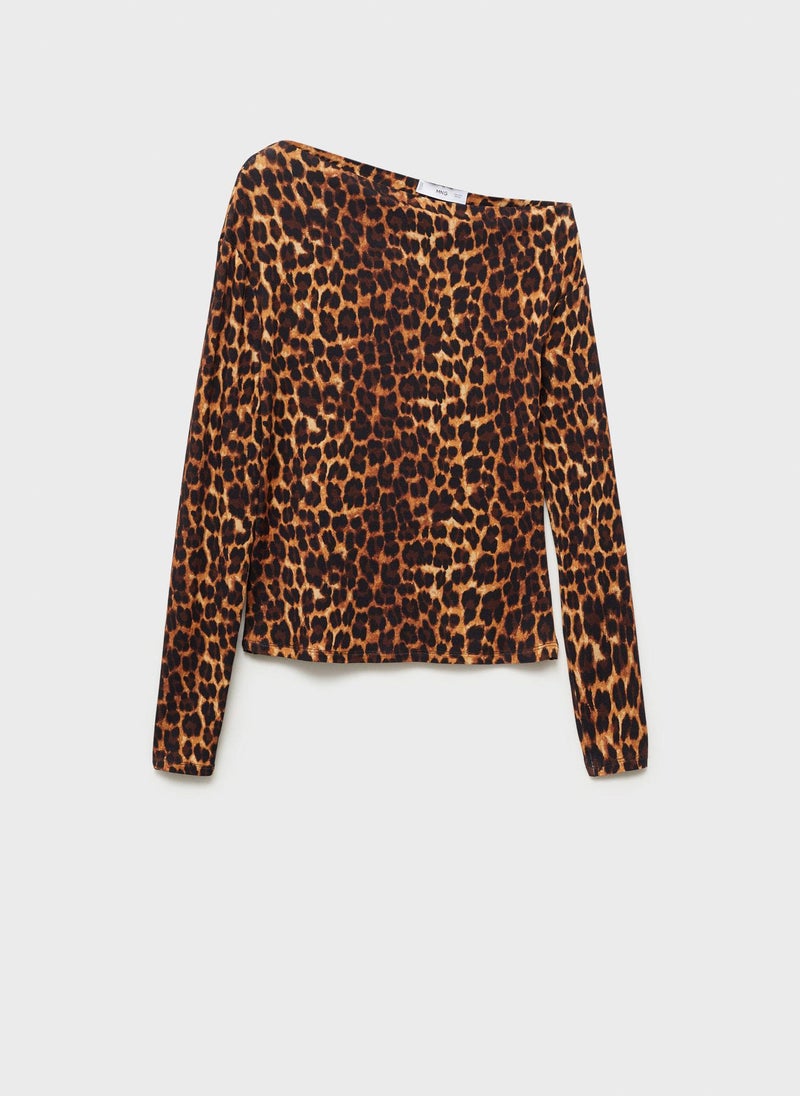 Asymmetrical Neck Leopard T-Shirt