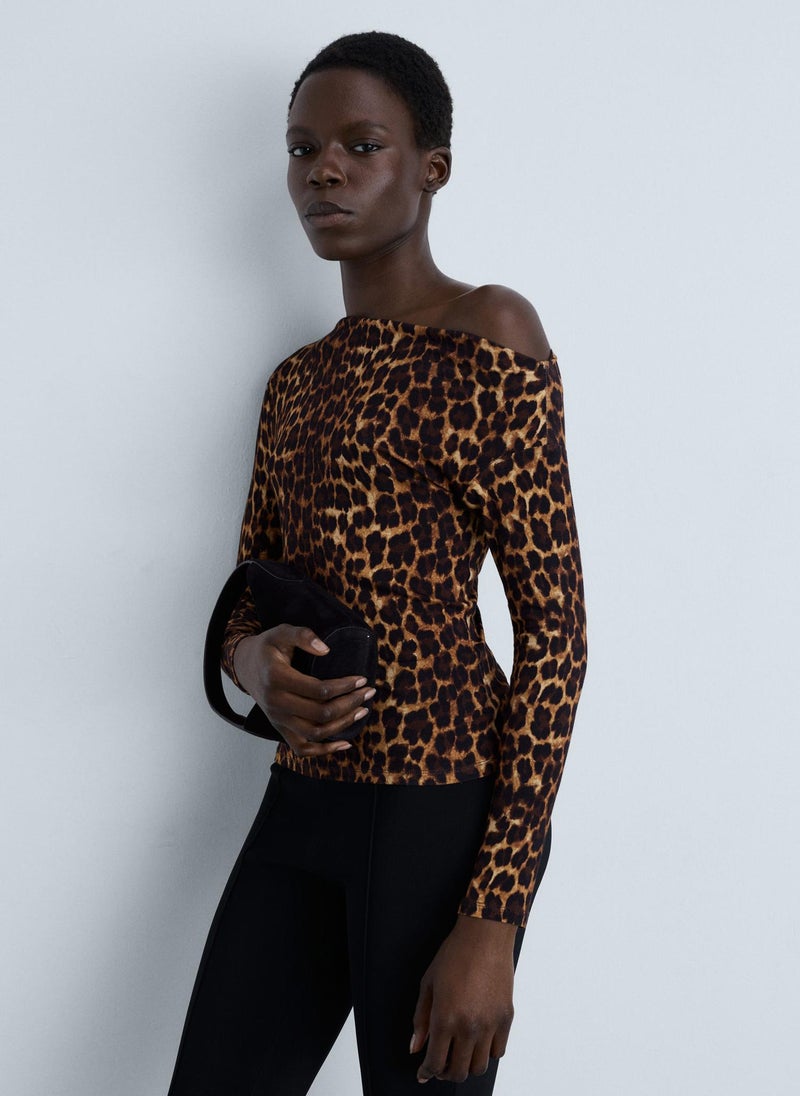 Asymmetrical Neck Leopard T-Shirt