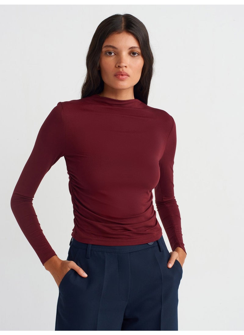 30504 Side Gathered Long Sleeve Blouse-Burgundy