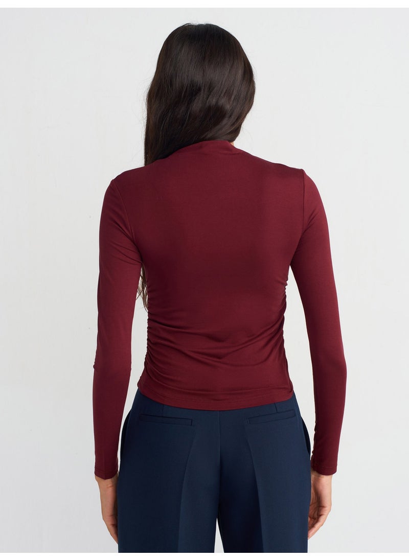 30504 Side Gathered Long Sleeve Blouse-Burgundy