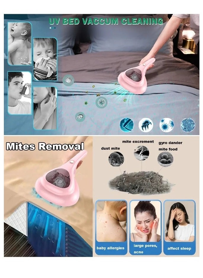 Bed Vacuum Cleaner Uv Sanitizing Handheld Dust Mite Vacuum Cleaner Machine Portable Cordless High Power Cleaning Euipment for Sheet Mattress Carpet Sofa Pet Hair (Pink Mite Remover) a