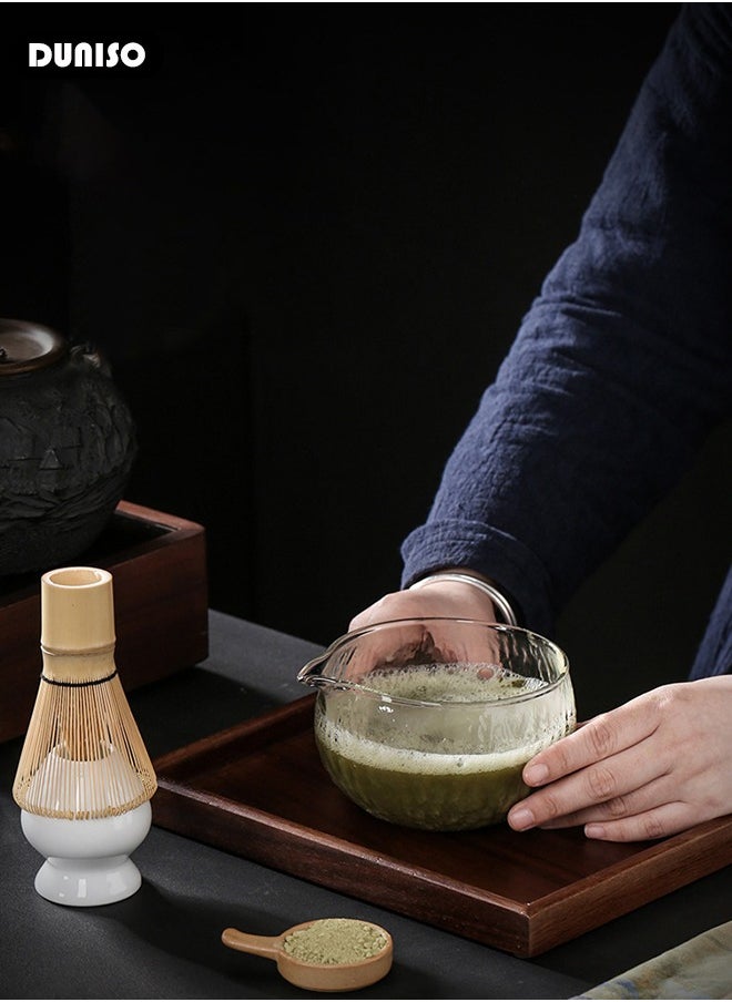 7Pcs Matcha Tea Set, Matcha Whisk Set of 7 Ceremony Matcha Kit with Glass Matcha Bowl with Pouring Spout, Matcha Whisk, Scoop, Whisk Holder, Scoop Stand，Sifter,Tea Napkin, Matcha Whisk Kit Traditional Handmade Matcha Gift Box