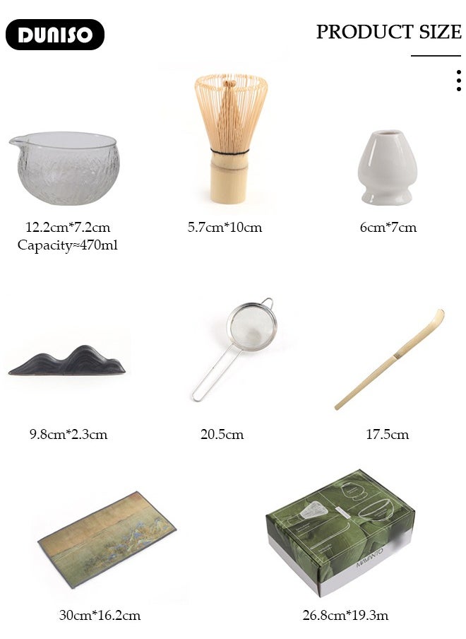 7Pcs Matcha Tea Set, Matcha Whisk Set of 7 Ceremony Matcha Kit with Glass Matcha Bowl with Pouring Spout, Matcha Whisk, Scoop, Whisk Holder, Scoop Stand，Sifter,Tea Napkin, Matcha Whisk Kit Traditional Handmade Matcha Gift Box