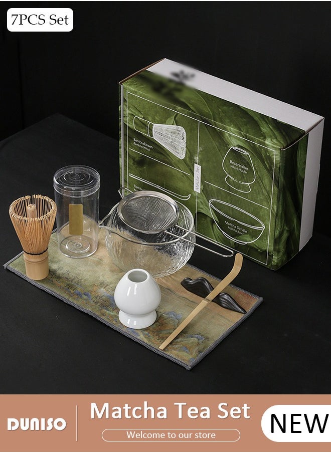 7Pcs Matcha Tea Set, Matcha Whisk Set of 7 Ceremony Matcha Kit with Glass Matcha Bowl with Pouring Spout, Matcha Whisk, Scoop, Whisk Holder, Scoop Stand，Sifter,Tea Napkin, Matcha Whisk Kit Traditional Handmade Matcha Gift Box