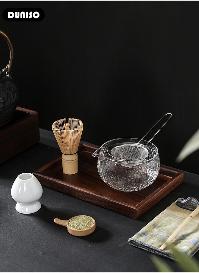7Pcs Matcha Tea Set, Matcha Whisk Set of 7 Ceremony Matcha Kit with Glass Matcha Bowl with Pouring Spout, Matcha Whisk, Scoop, Whisk Holder, Scoop Stand，Sifter,Tea Napkin, Matcha Whisk Kit Traditional Handmade Matcha Gift Box